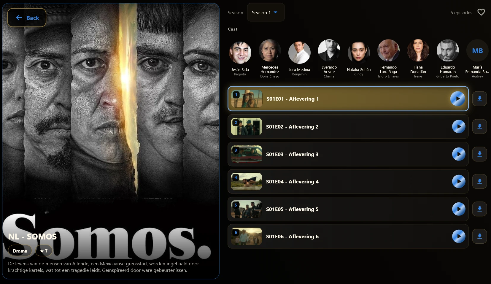 A series detail page showing the cast and a list of episodes