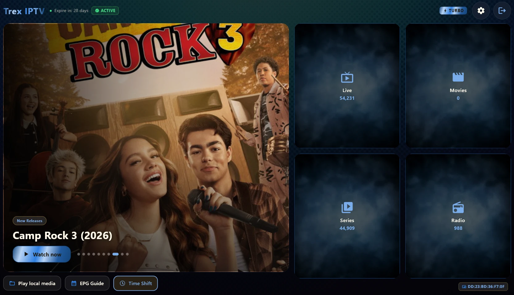 The TREX IPTV home screen showing Live TV, Movies, Series and Radio