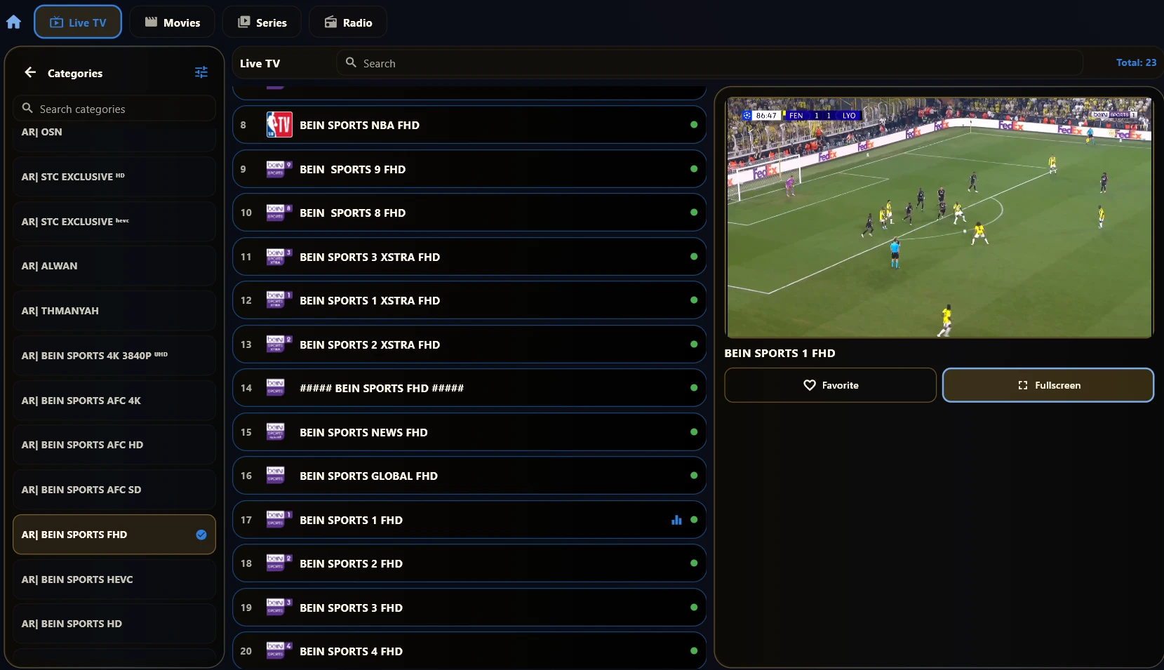 Live TV channel list with a match playing in the preview window
