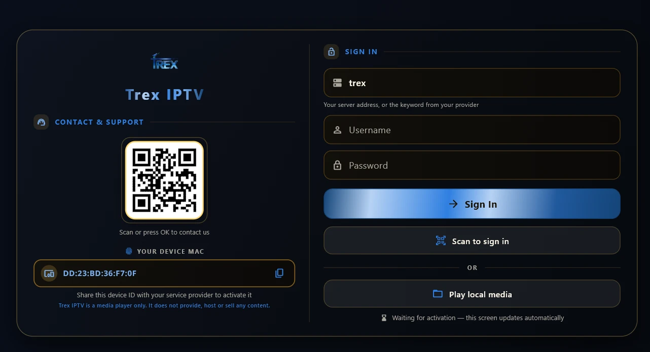 The TREX IPTV sign-in screen, with the Host field filled in