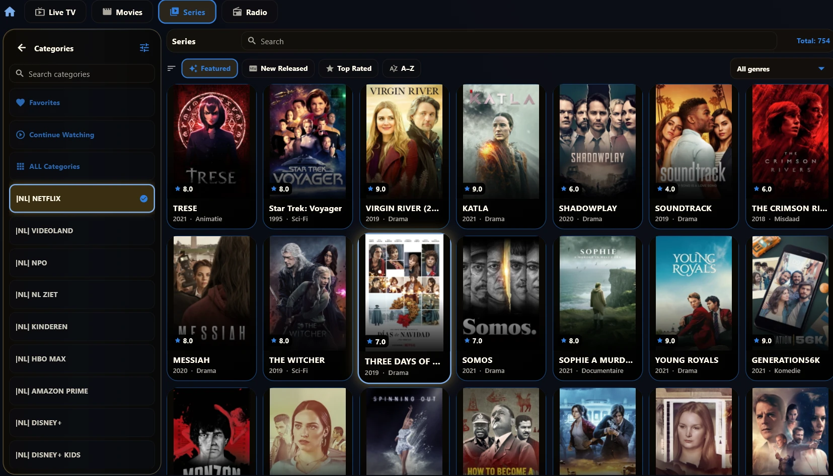 The series library shown as a grid of posters with ratings